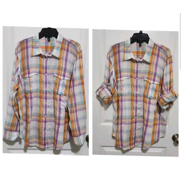 LRL Lauren Jeans Women's 2X Purple Orange Plaid Button Up Shirt Roll Tab Sleeve - Picture 1 of 8